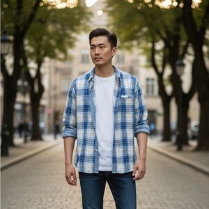 Lucky Brand Double-Faced Plaid Flannel - Blue Heather Lined- 2XL